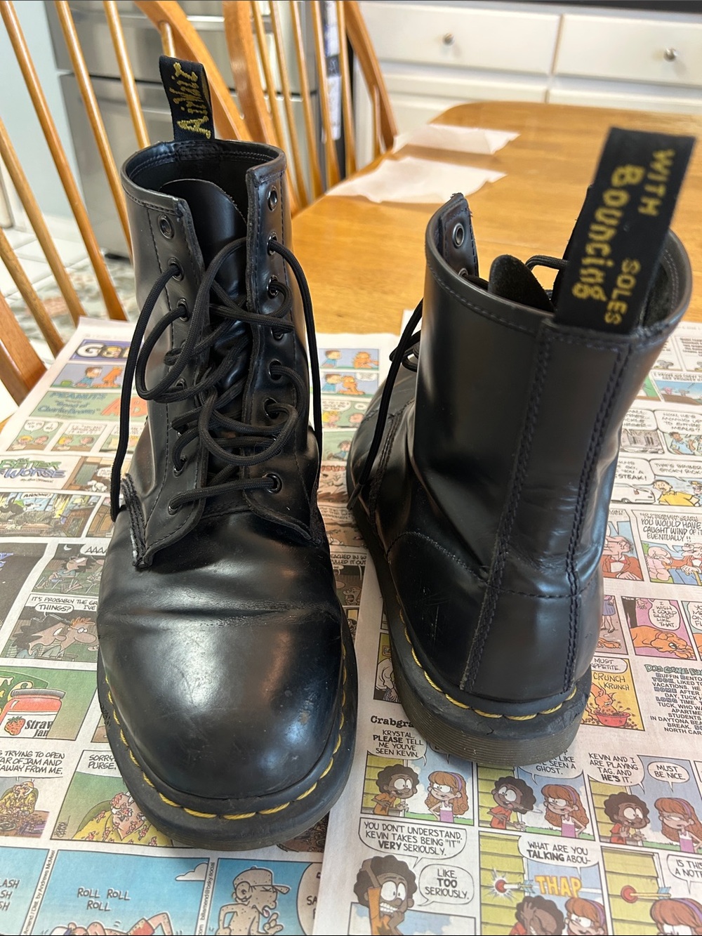 Dr. Martens Black Leather 8-Eye Lace-Up Boots with Yellow Stitching